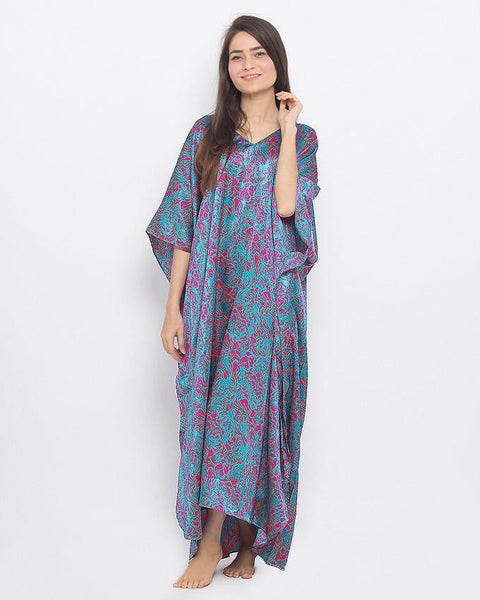 Valerie Valerie Turquoise Polyester Printed Long Caftan for Women-va-95