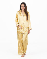 Valerie Golden Solid Polyester Nightsuit With Piping -va-9