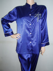 POLYESTER SOLID SATIN PJ SETS WITH EMB-va-PJ 09 Bule