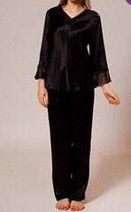 POLYESTER SOLID SATIN PJ SETS WITH EMB-Black  VPJ - BK