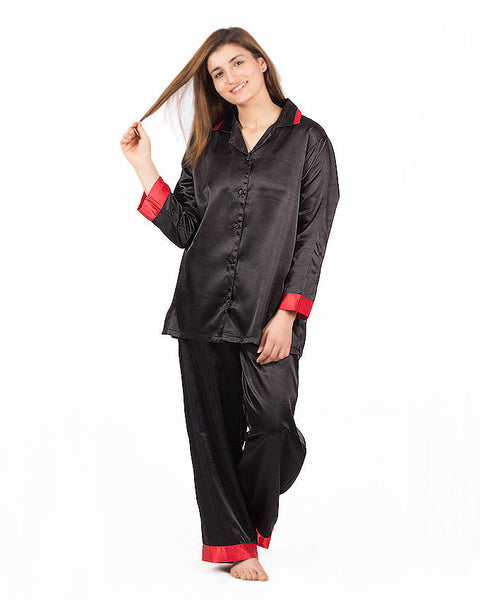 Valerie Valerie Black Solid Polyester With Contrast Border Nightsuit For Women-va-1